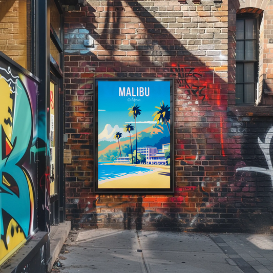 Malibu California Palm Trees Beach Hotel Hills Travel Poster