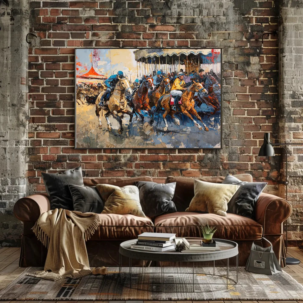 Dynamic Horse Racing Scene: Impressionistic Art Poster