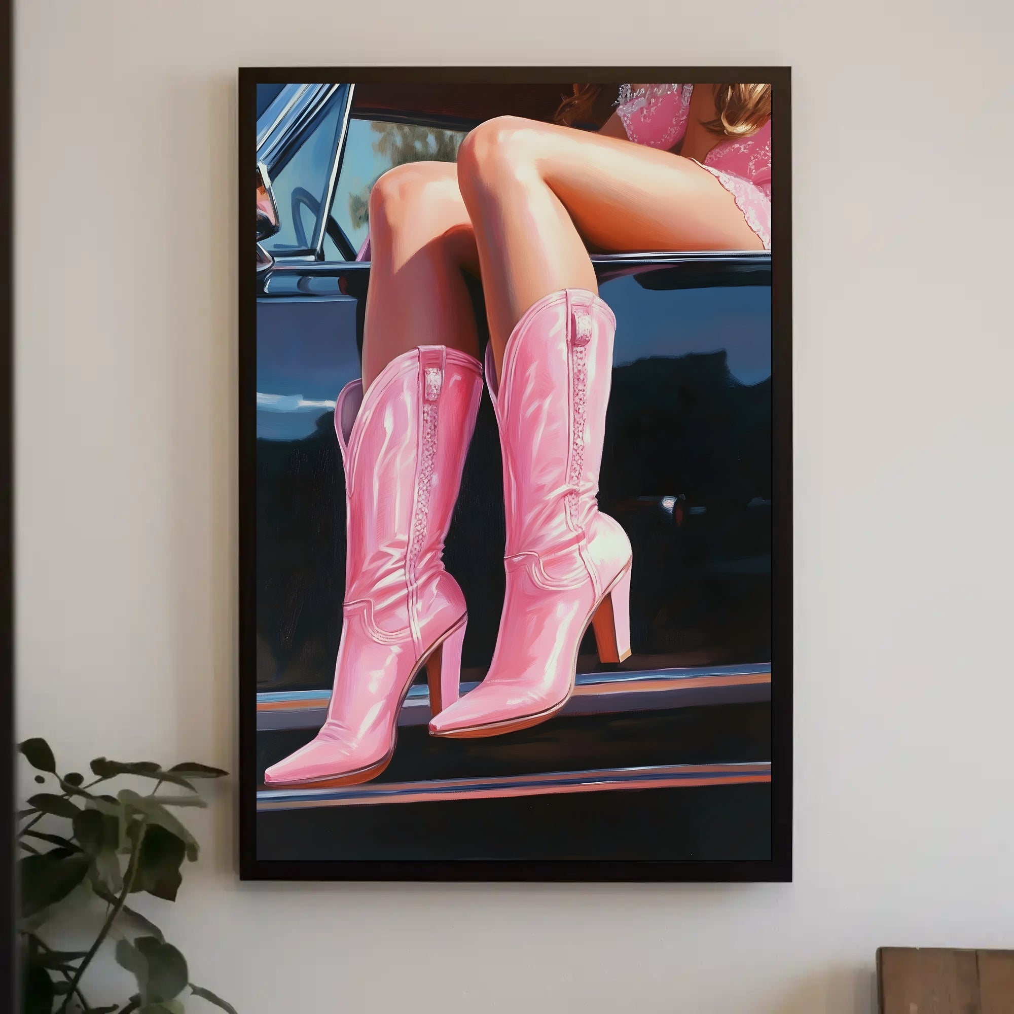 Pink Boots And Classic Car Poster Vintage Wall Art