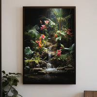 Tropical Paradise: Lush Botanical Poster Featuring Birds and Waterfall
