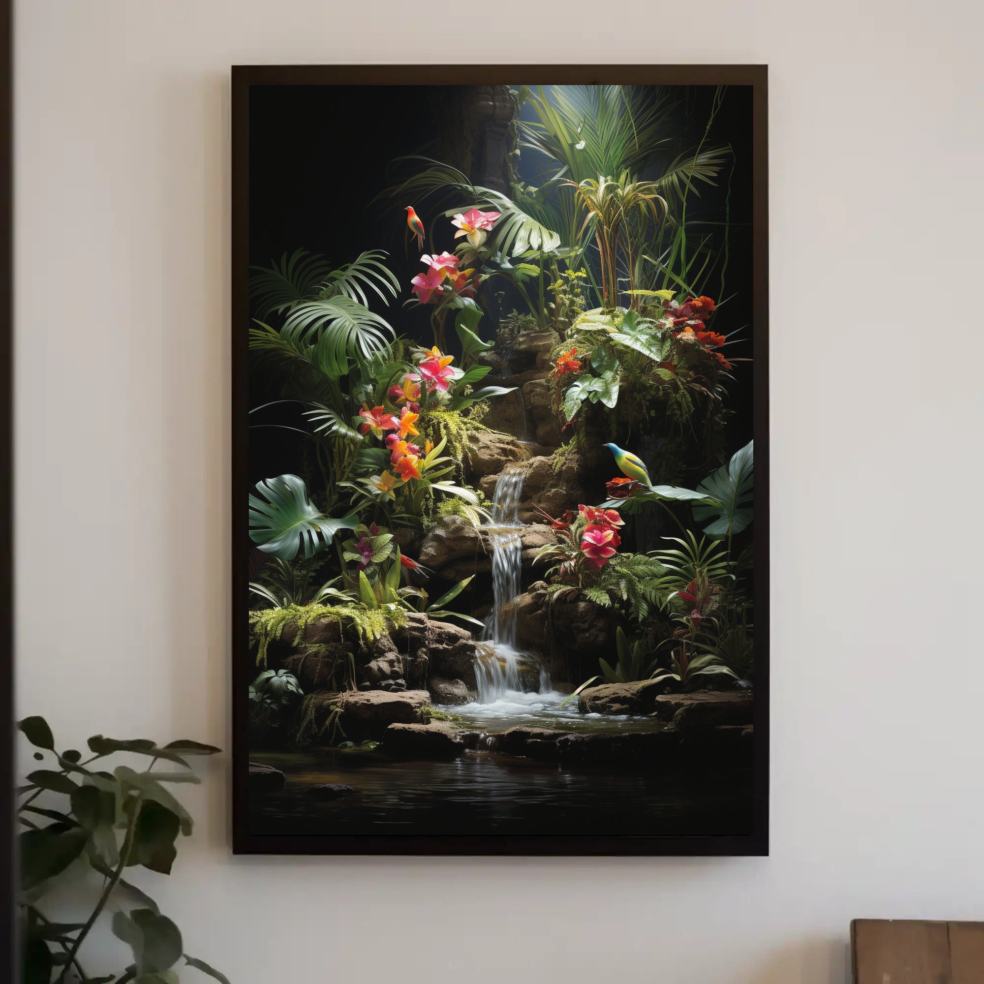 Tropical Paradise: Lush Botanical Poster Featuring Birds and Waterfall