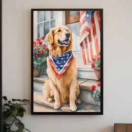 Golden Retriever On Front Porch Patriotic Bandana Poster