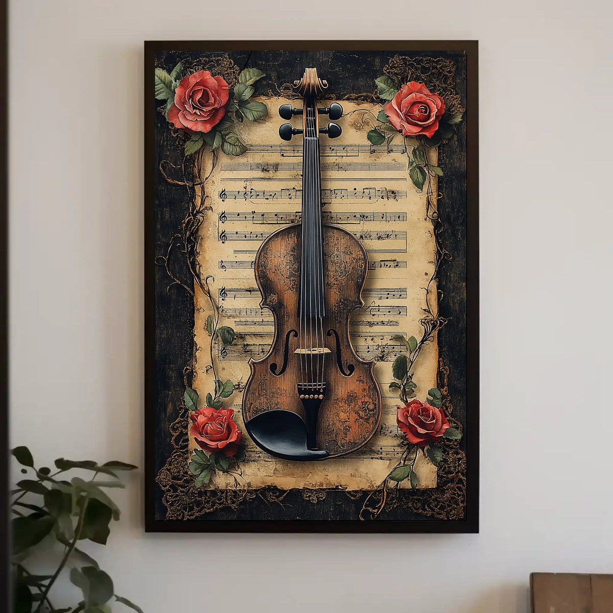 Vintage Violin & Roses Scene Elegant Artistic Poster