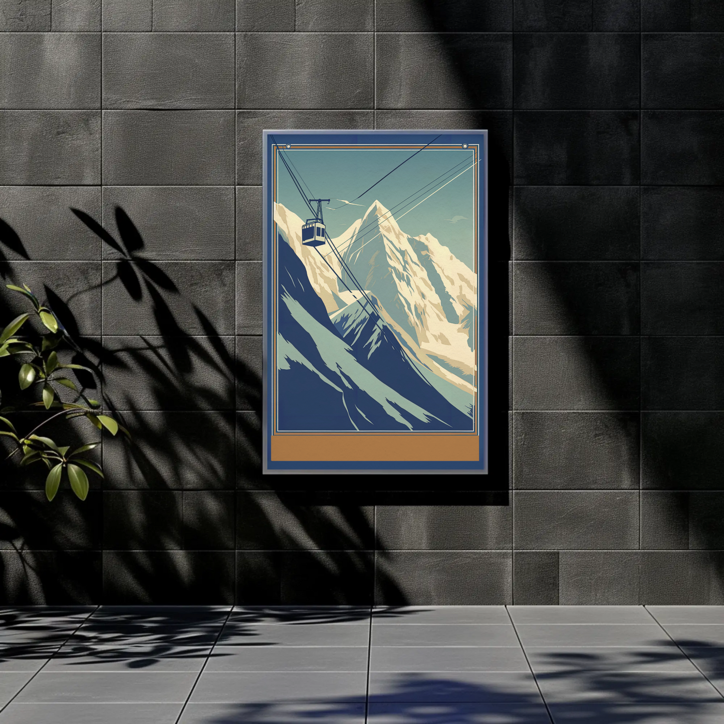 Retro Tram Over Snowy Mountainside Vintage Travel Poster