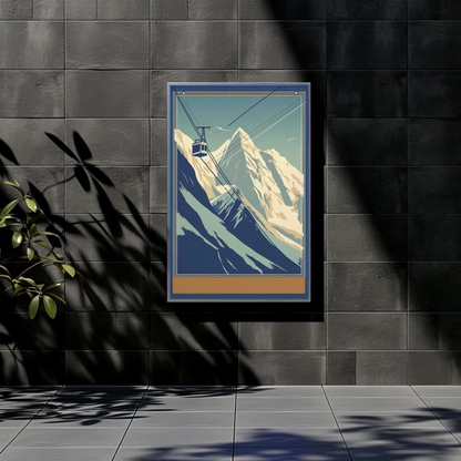 Retro Tram Over Snowy Mountainside Vintage Travel Poster