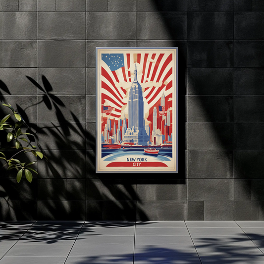 New York Empire Skyline Flags Vintage Travel Poster