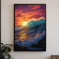 Dramatic Ocean Wave Sunset Scene Artistic Poster