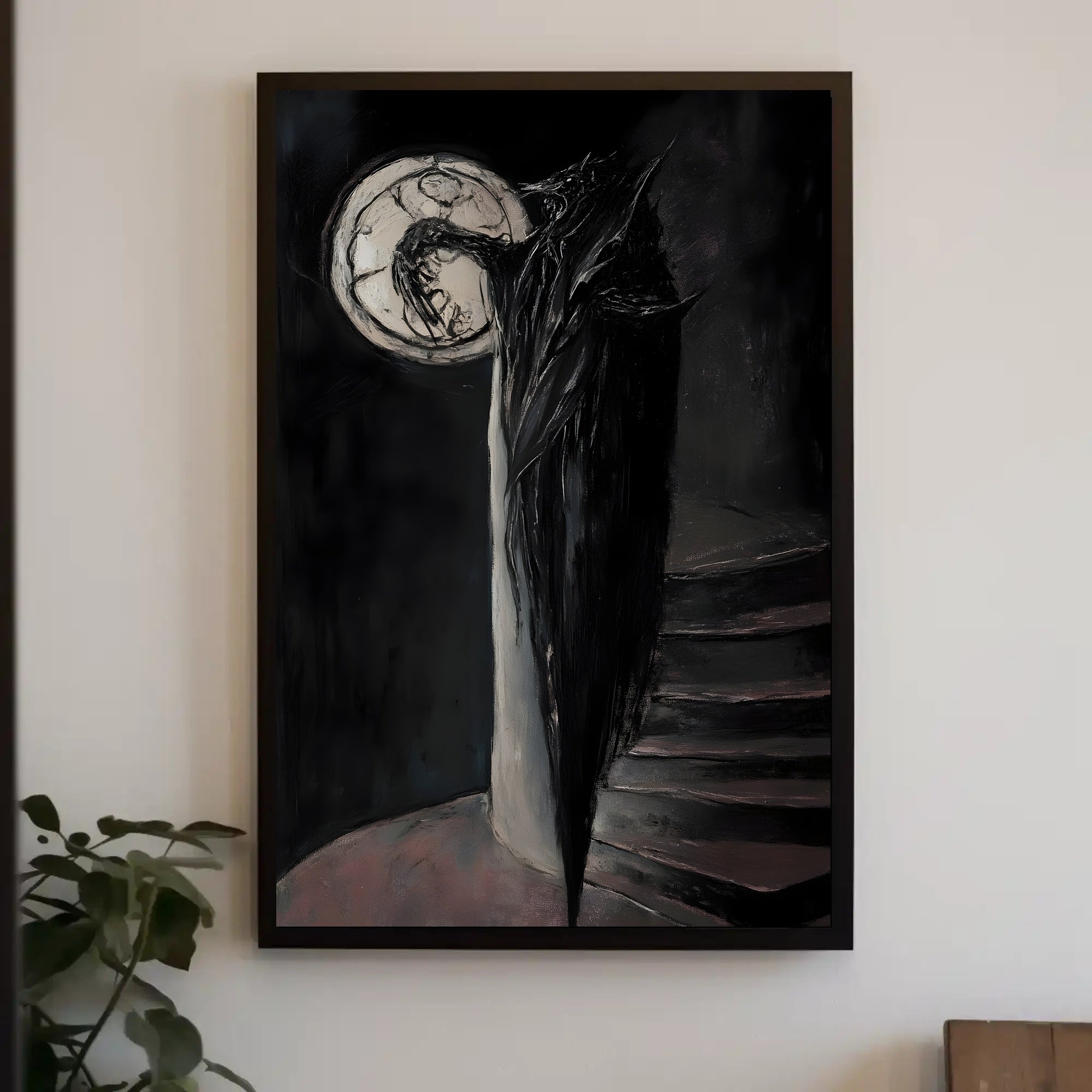 Shadowy Figure Meets Cracked Moon Fantasy or Mythology Poster PosterGoat