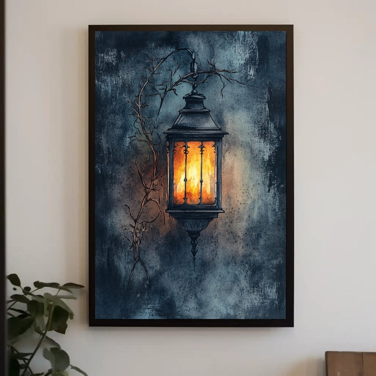 Rustic Lantern in Serene Nighttime Landscape Poster