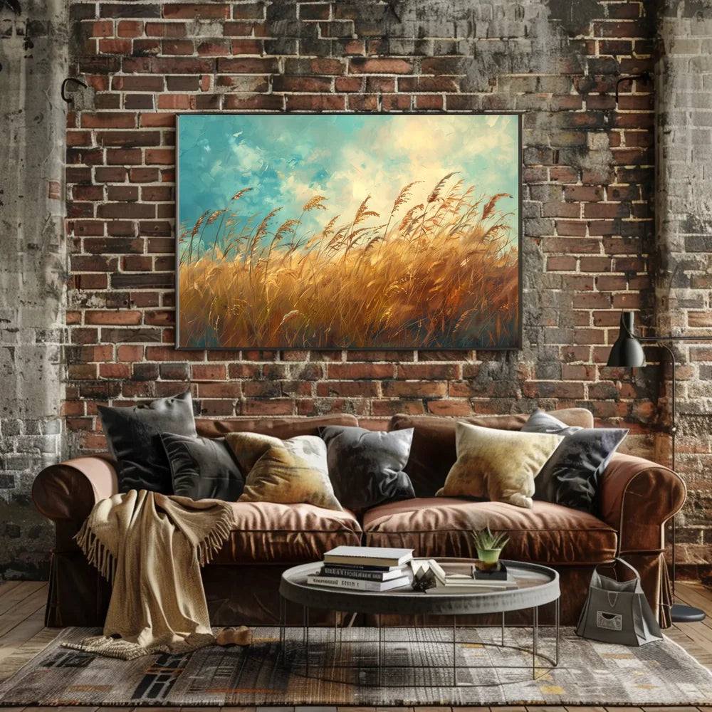 Golden Grass Tranquility: Serene Nature Landscape Poster