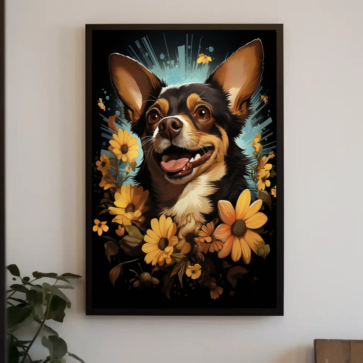 Joyful Dog with Flowers Nature Art Poster