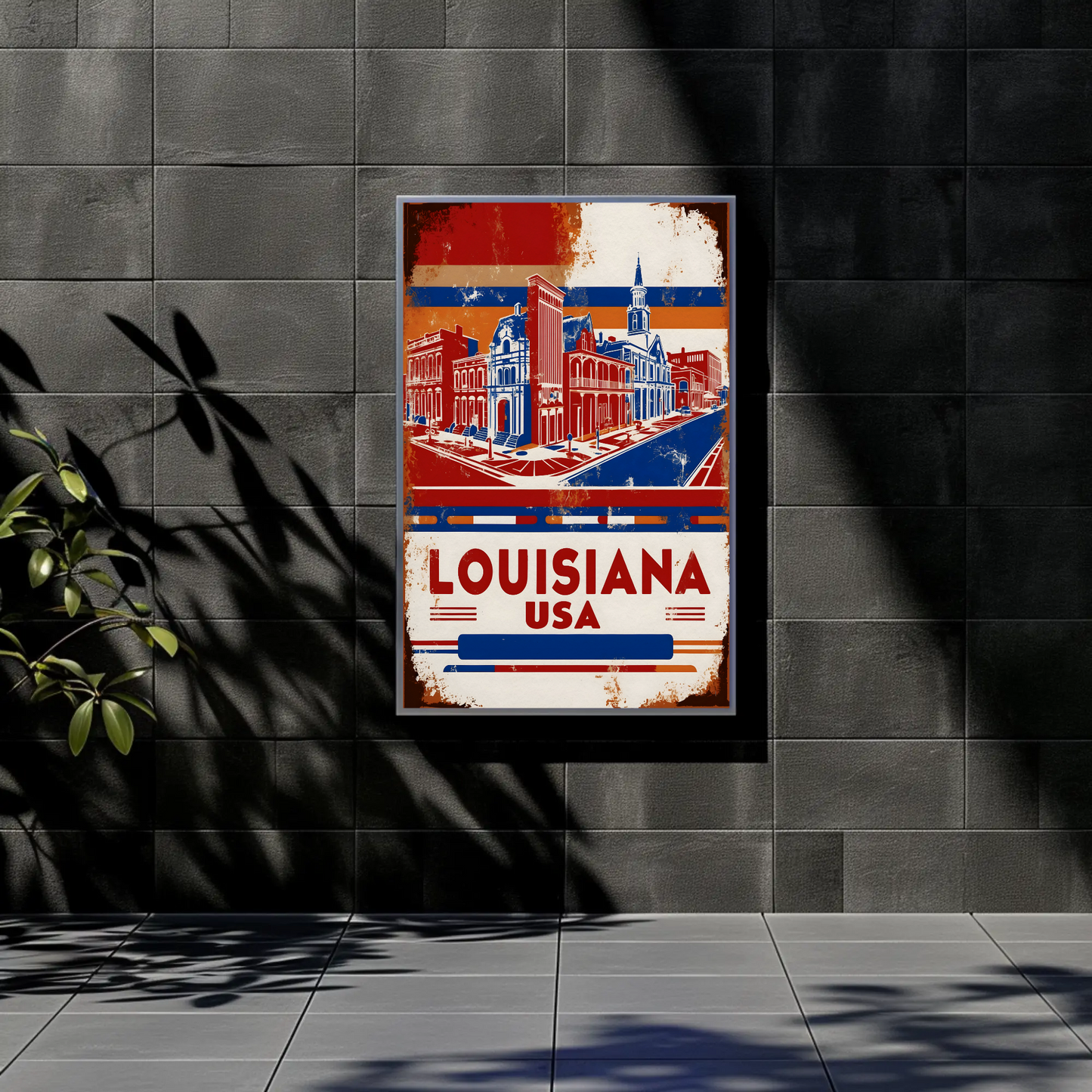 Louisiana USA French Quarter Street Vintage Maroon Travel Poster