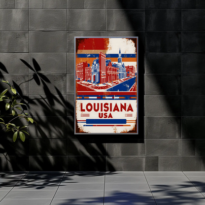 Louisiana USA French Quarter Street Vintage Maroon Travel Poster