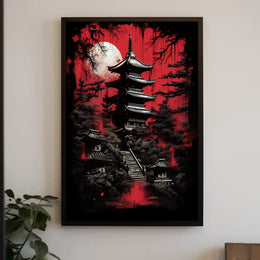 Mystical Pagoda Under A Blood Moon Poster