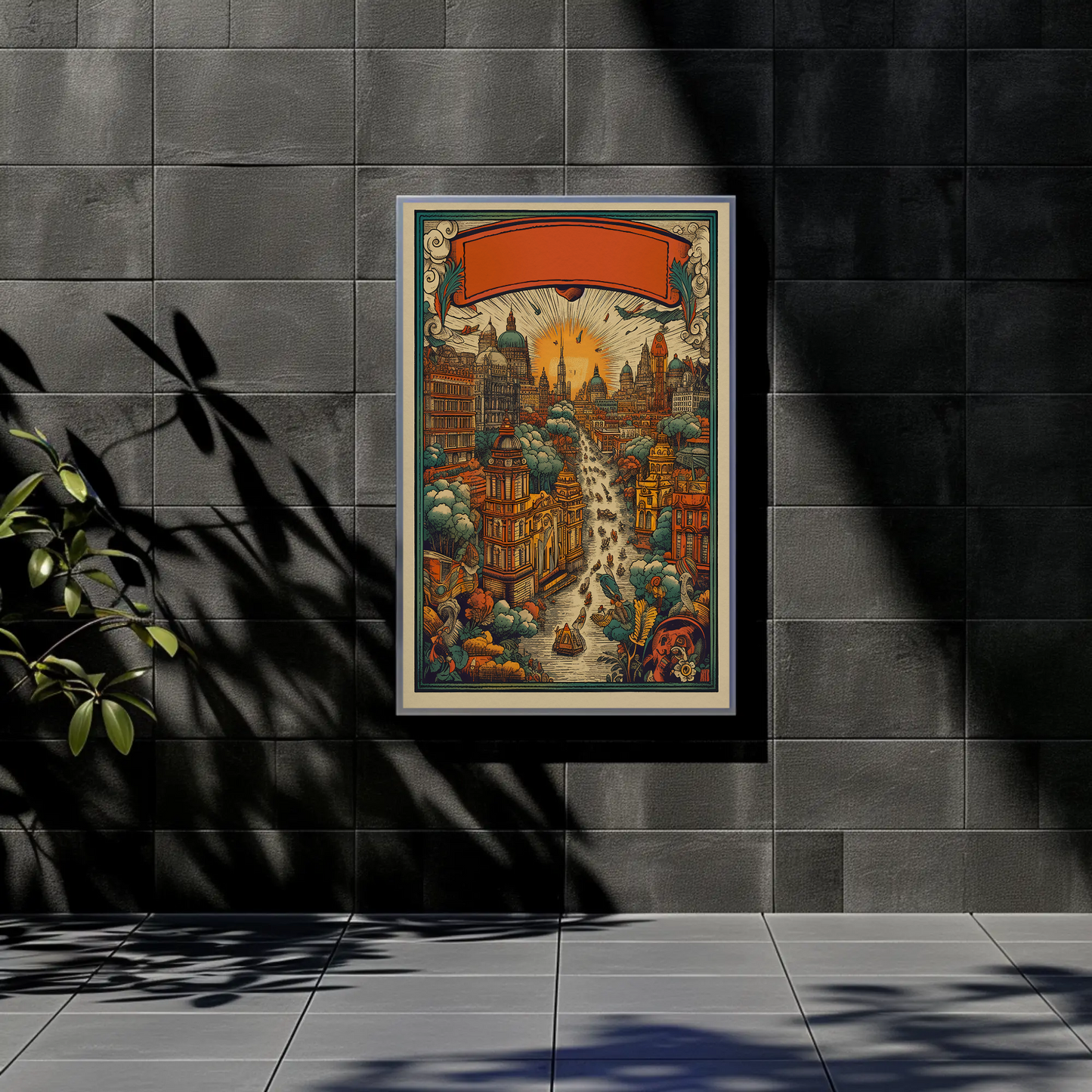 Fantasy River City Sunset Skyline Vintage Travel Poster
