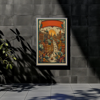 Fantasy River City Sunset Skyline Vintage Travel Poster