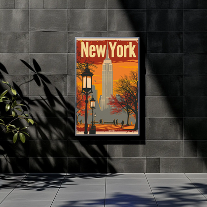 New York Orange Sky Autumn Cityscape Vintage Travel Poster