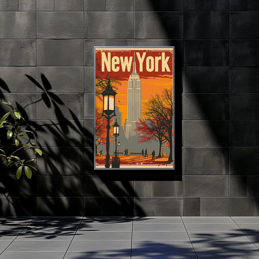 New York Orange Sky Autumn Cityscape Vintage Travel Poster