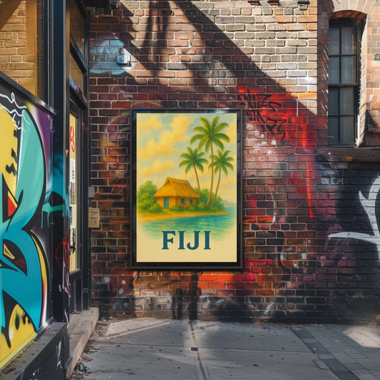 Fiji Tropical Hut Coastline Travel Poster