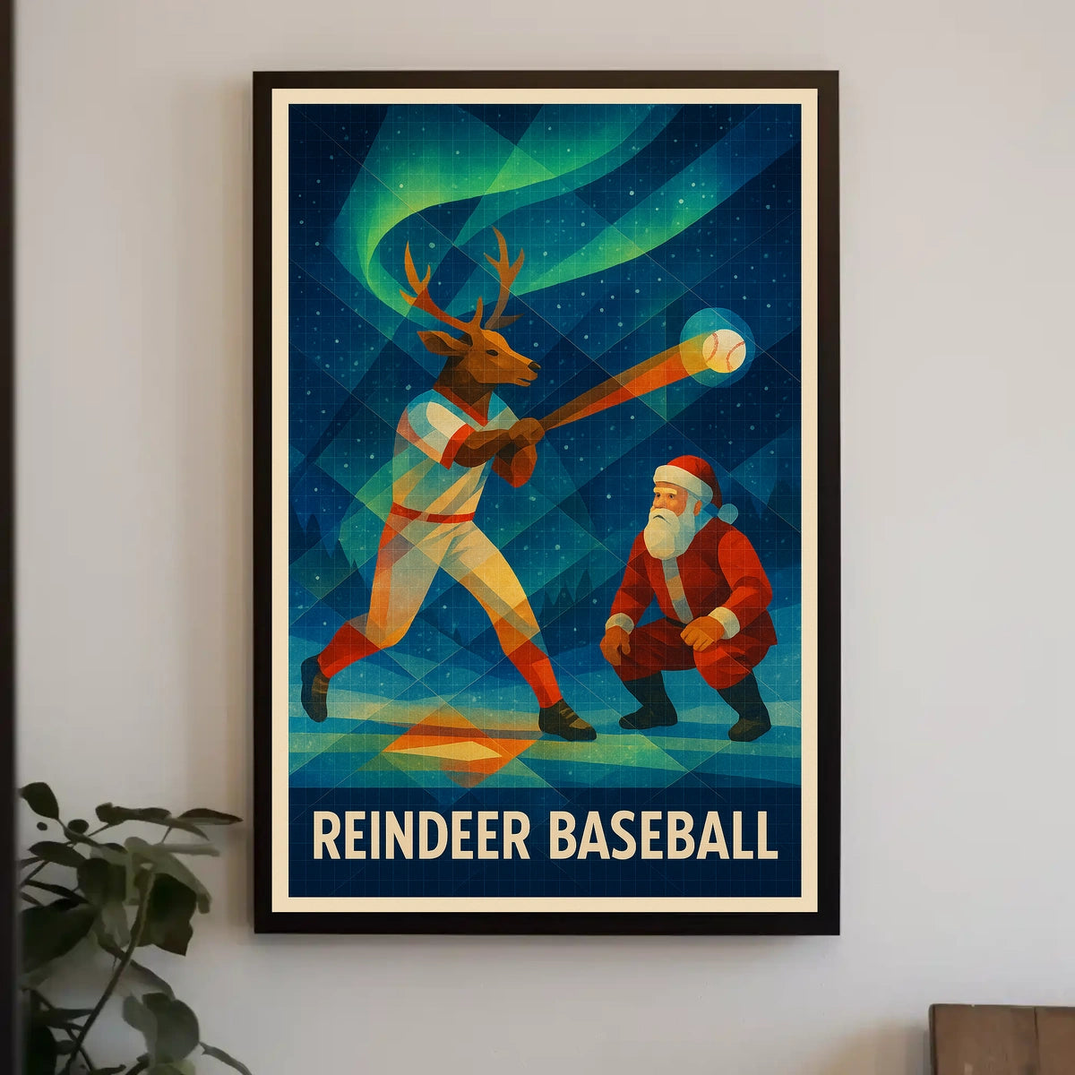 Reindeer Baseball Scene Under Northern Lights - Fantasy or Mythology Poster