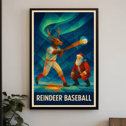 Reindeer Baseball Scene Under Northern Lights - Fantasy or Mythology Poster