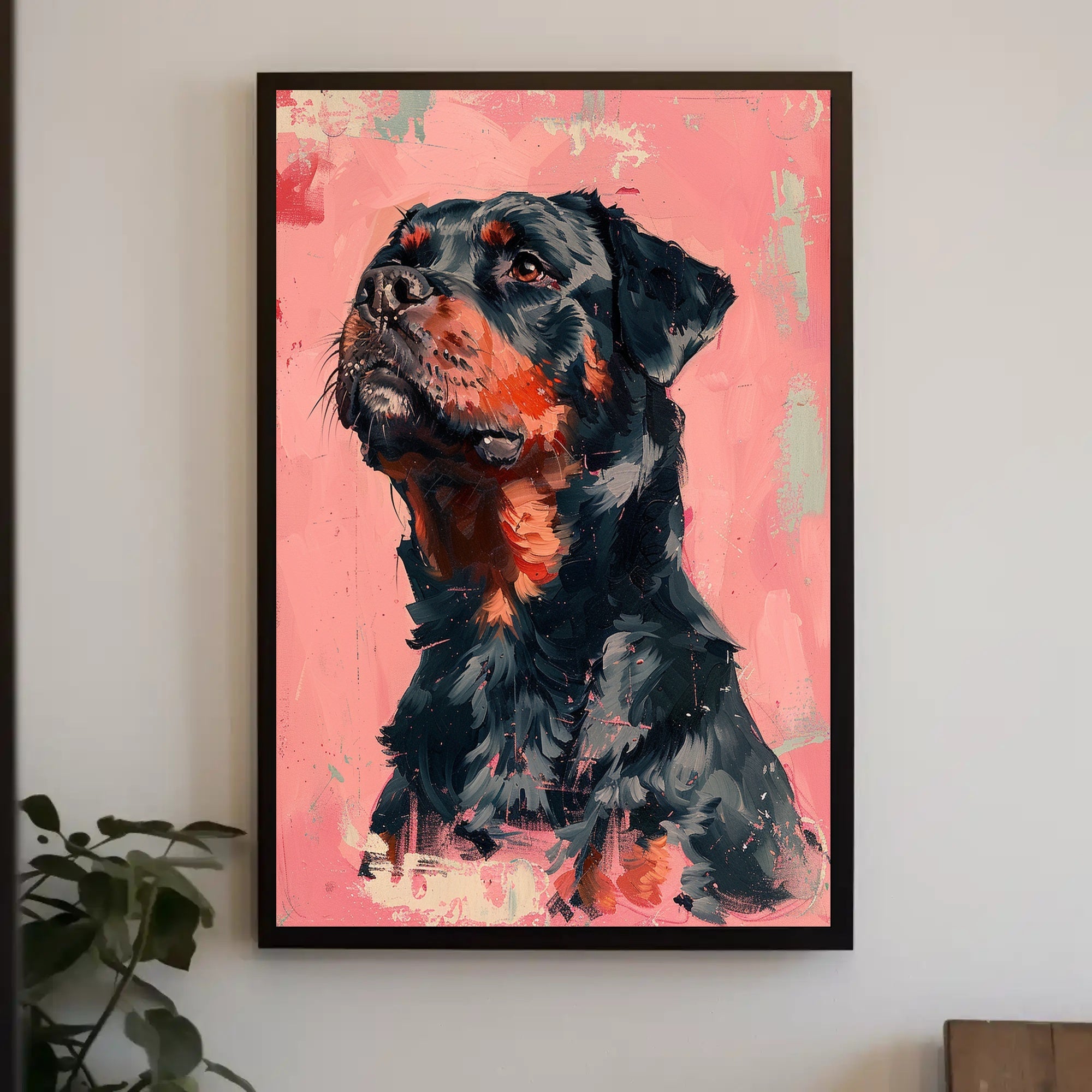 Vibrant Rottweiler Art on Textured Pink Background Animal Poster PosterGoat