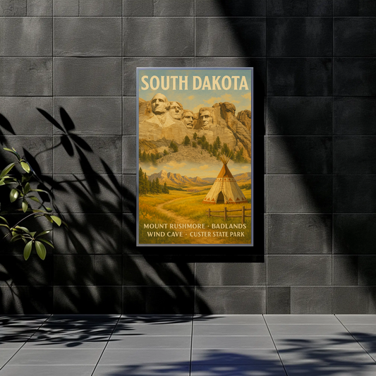 South Dakota Teepee Landscape Mount Rushmore Vintage Travel Poster