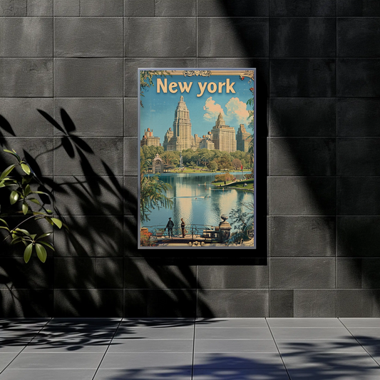 New York Central Park Skyline Lake Vintage Travel Poster