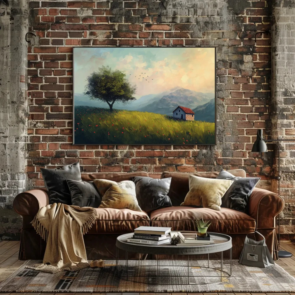 Serene Countryside Landscape with Cottage and Tree