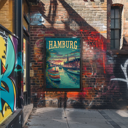Hamburg Riverfront Twilight Travel Poster