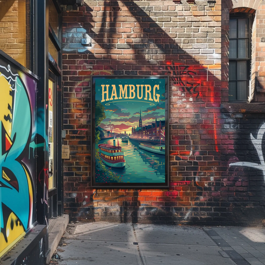 Hamburg Riverfront Twilight Travel Poster