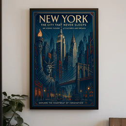 New York City Midnight Skyline Poster Vintage Wall Art