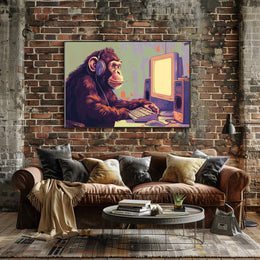 Chimpanzee with Headphones Retro Computer Poster
