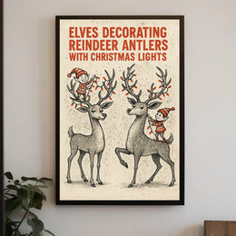 Elves Decorating Reindeer Antlers Poster