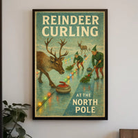Reindeer Curling at the North Pole Poster