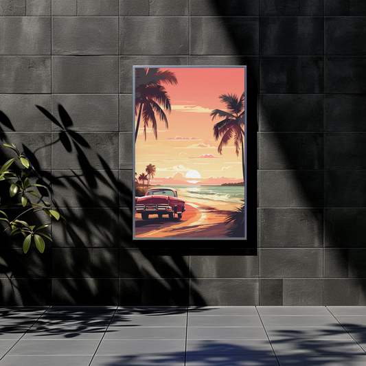Classic Car On Beach At Sunset Vintage Travel Poster