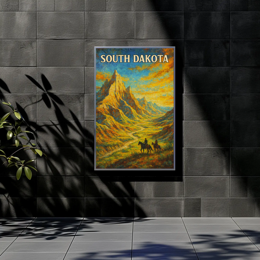 South Dakota Painted Cowboy Mountains Trail Vintage Travel Poster