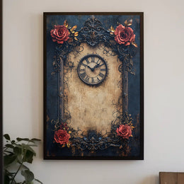 Vintage Clock and Roses: Baroque Victorian Heritage Poster