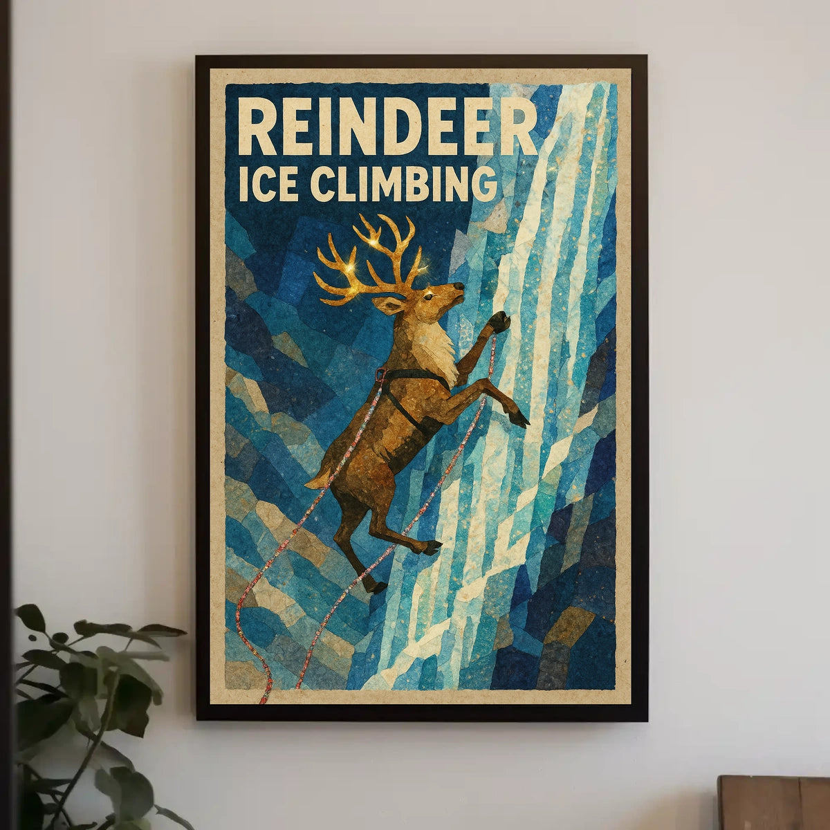 Reindeer Ice Climbing Vintage Animal Art Poster