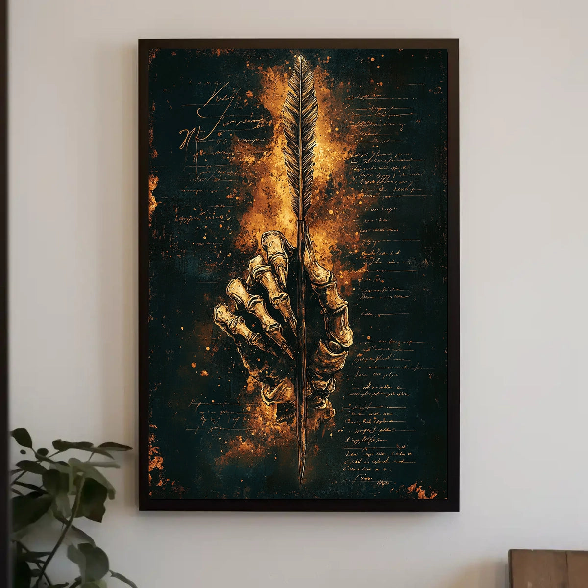 Skeleton Hand with Fiery Quill Artistic Poster