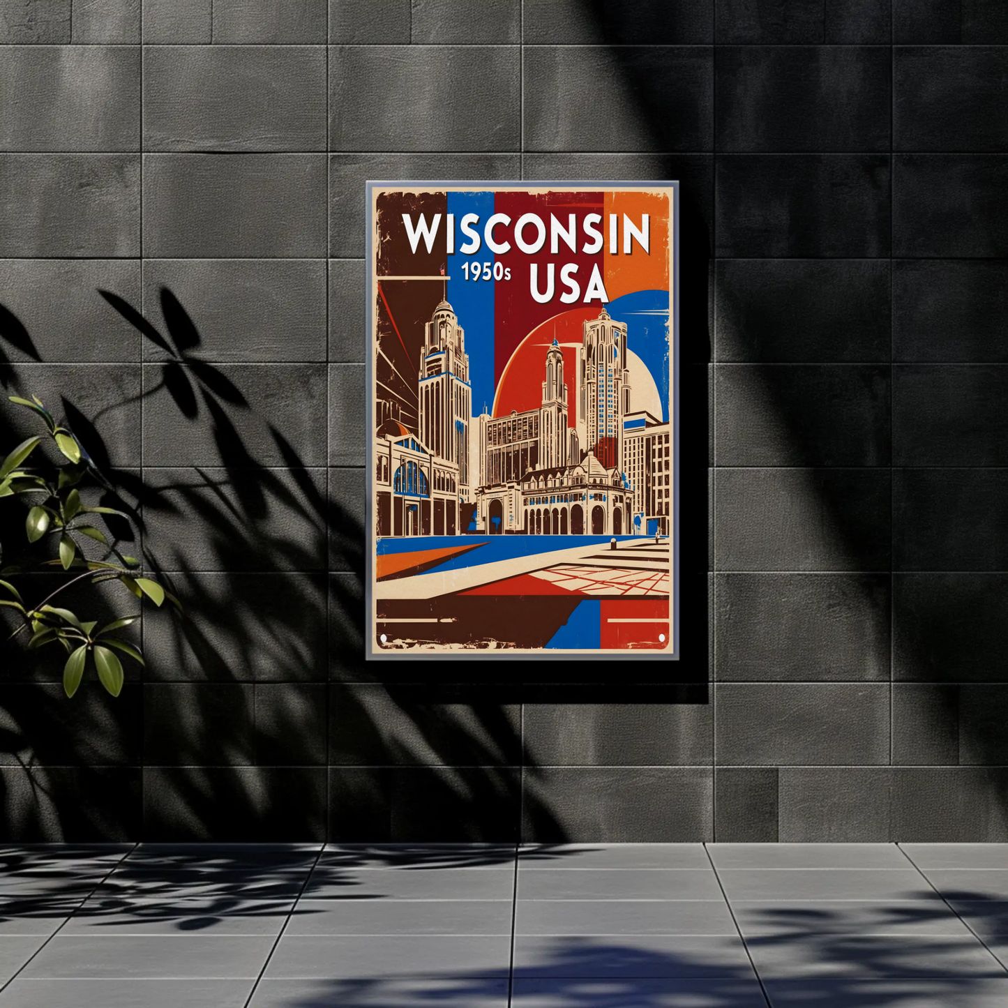 Wisconsin USA 1950s Urban Skyline Vintage Travel Poster