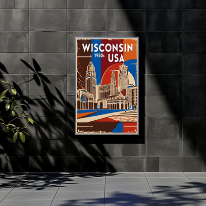 Wisconsin USA 1950s Urban Skyline Vintage Travel Poster