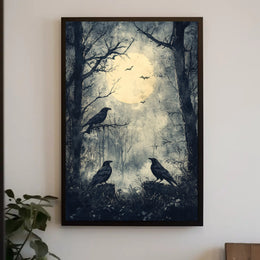 Moonlit Forest With Ravens Poster
