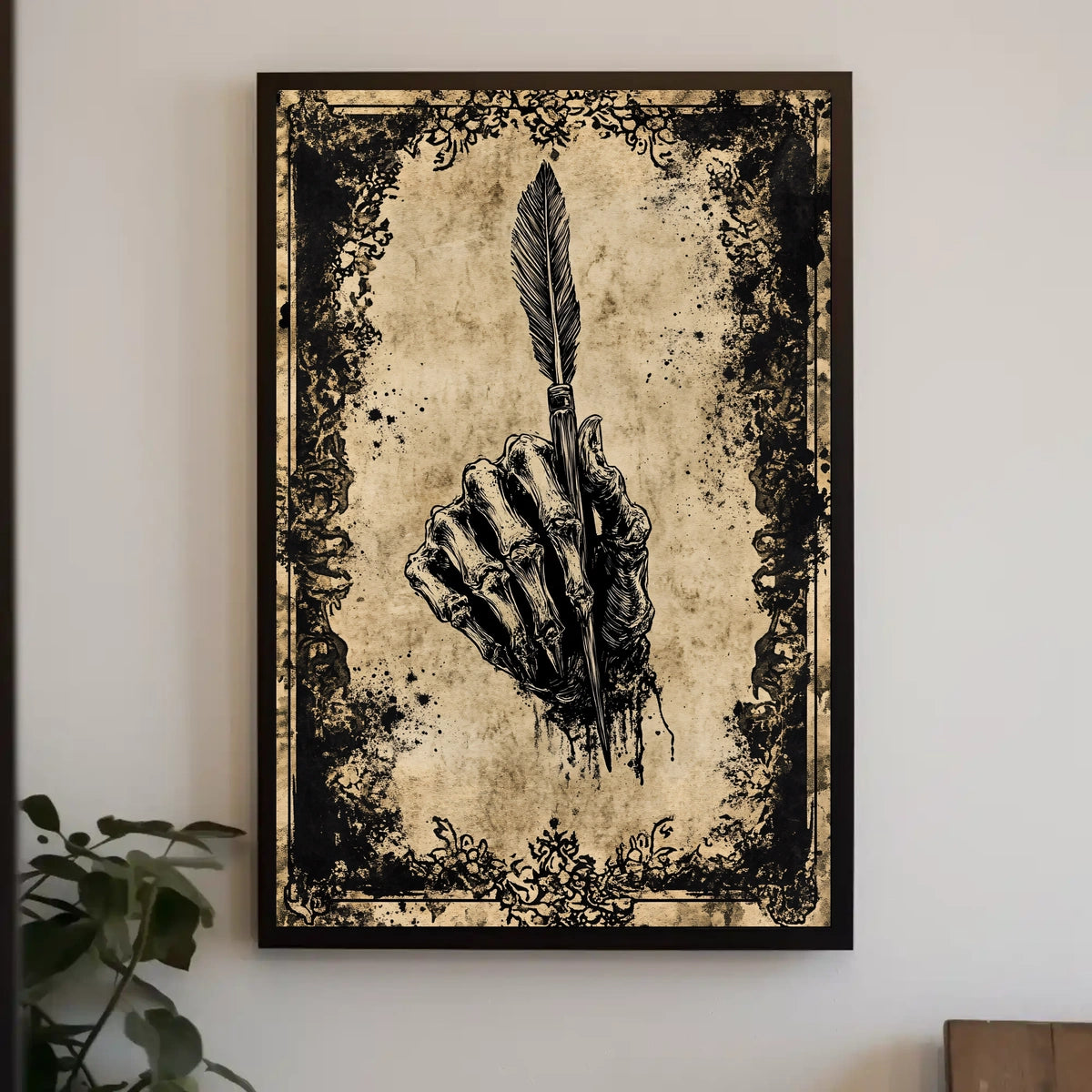 The poster features a skeletal hand gripping a quill pen, creating a strong Travel Poster