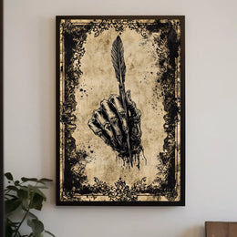 The poster features a skeletal hand gripping a quill pen, creating a strong Travel Poster