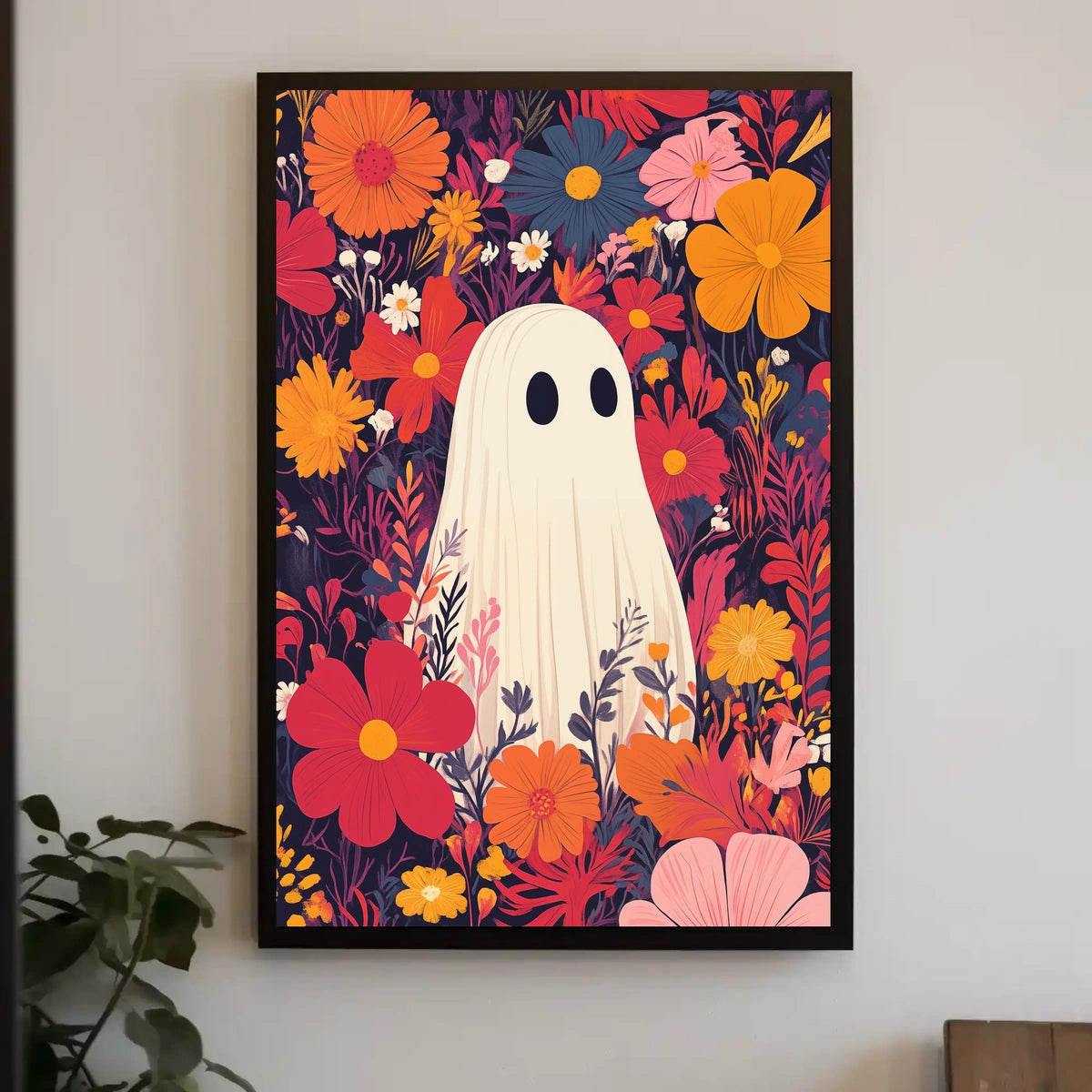 Ghostly Figure Amidst Flowers Whimsical Playful Poster