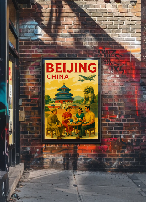 Beijing China Temple Street Scene Travel Poster