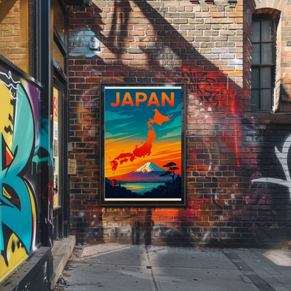 Japan Mount Fuji Map Sunset Travel Poster Poster