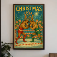 Whimsical Reindeer Wrestling Match: Christmas Pop Culture Poster