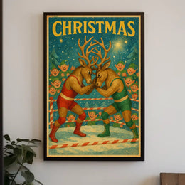 Whimsical Reindeer Wrestling Match: Christmas Pop Culture Poster